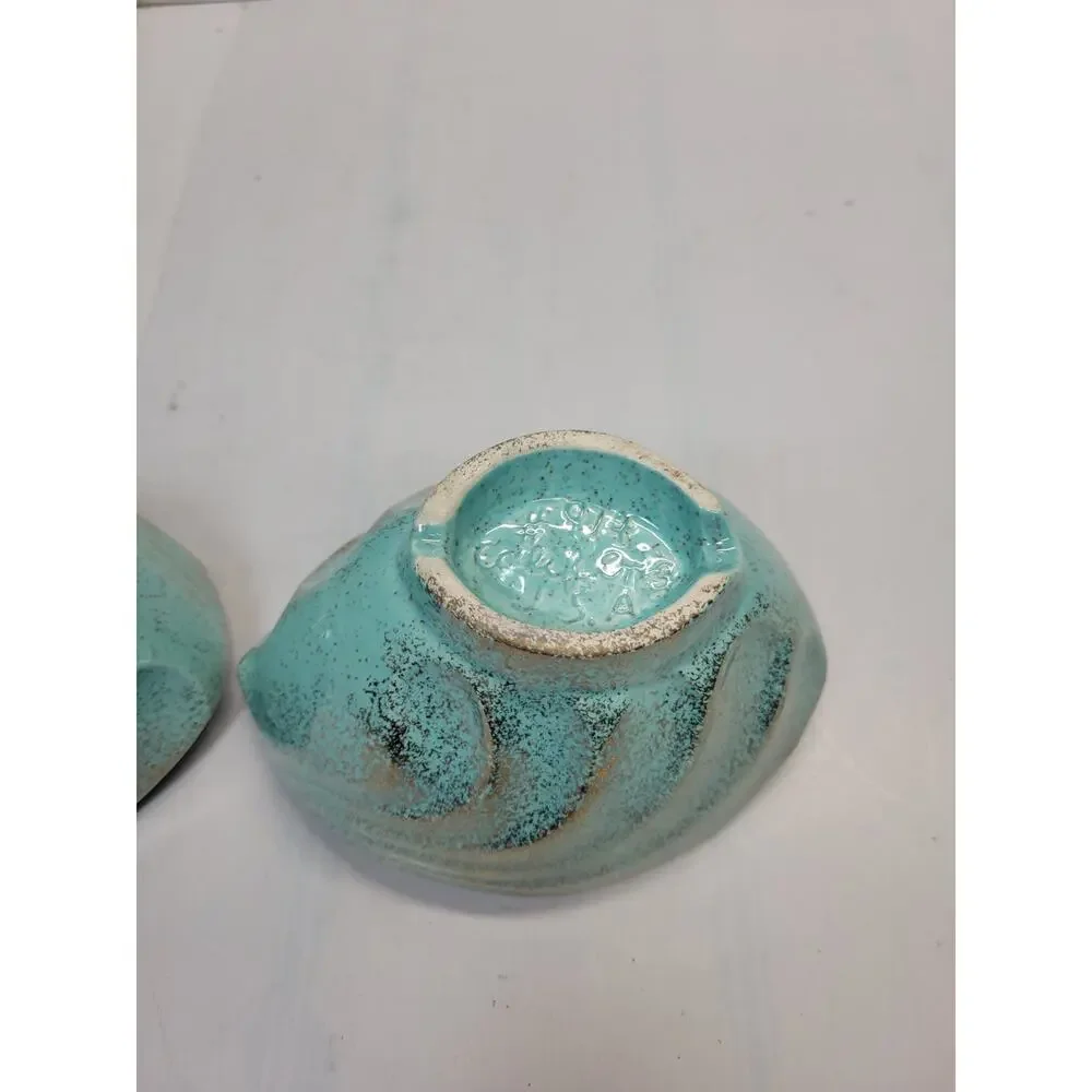 Vintage California Pottery 914 Candle Holders Aqua Gold Speckled MCM Teardrop